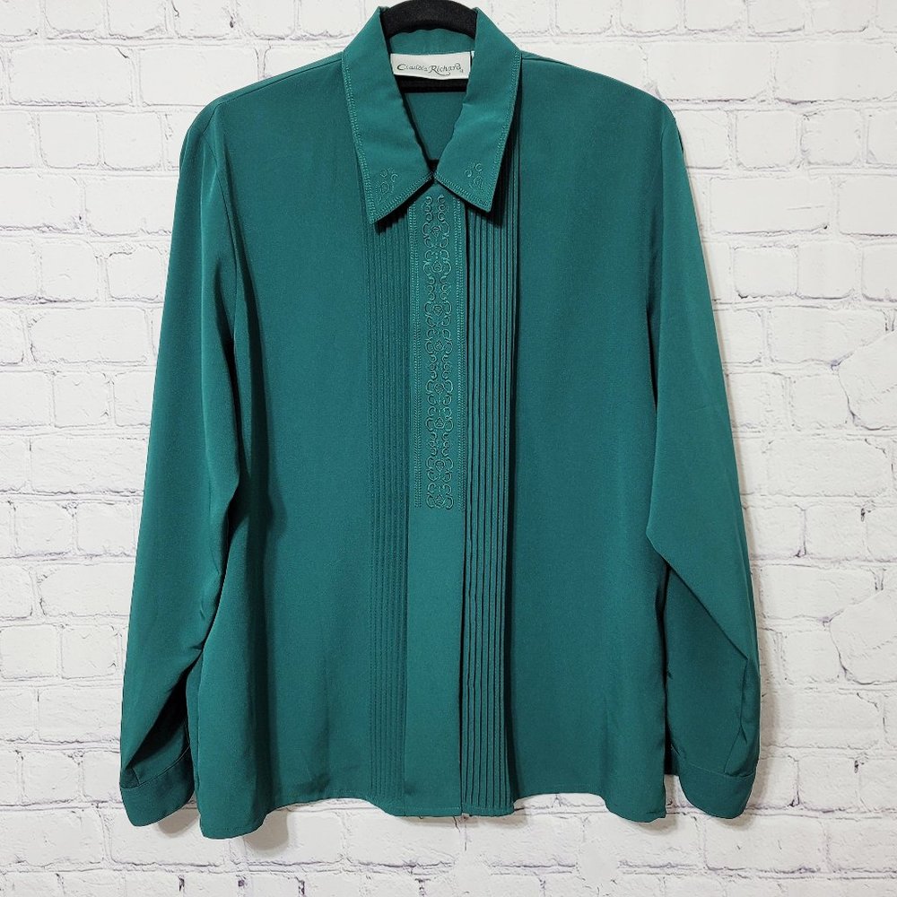 Claudia Richard Green Embroidered Button Front Blouse 10